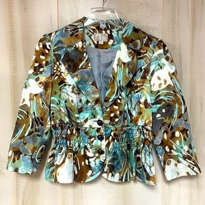 Alberto Makali Silk Blue Brown White Smocked Waist Peplum Blazer Sz 12
